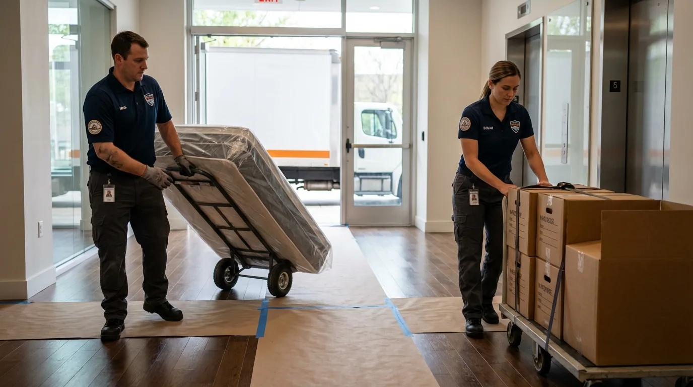 Professional apartment movers loading elevator in Cookeville, TN