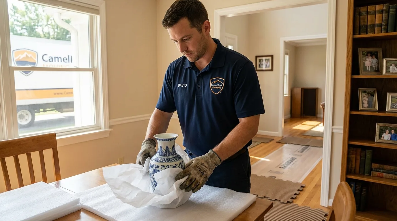 Professional crew carefully wrapping antique vase for senior downsizing move in Cookeville, TN
